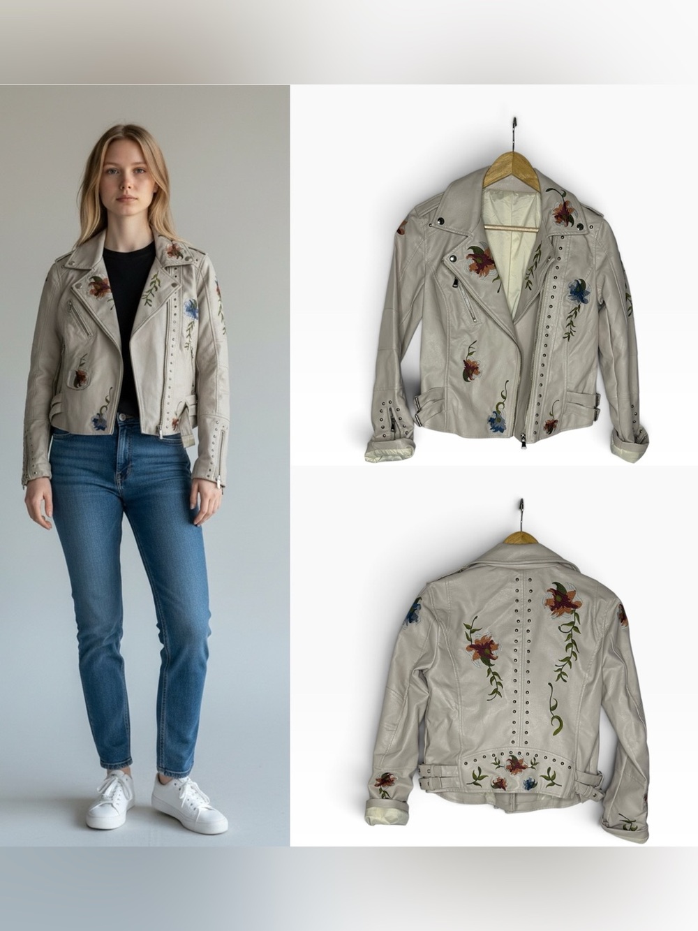 Like New Embellished Embroidered Faux Leather Moto Jacket S